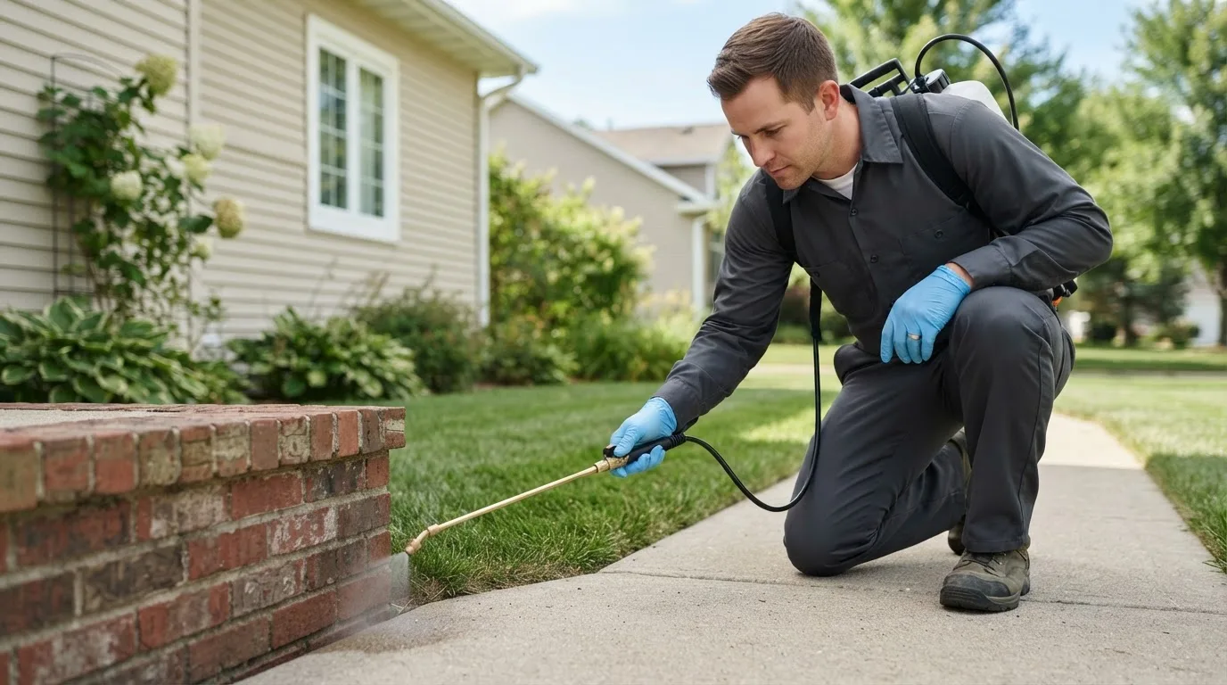 Pest control technician treating a home near East Vandergrift, PA