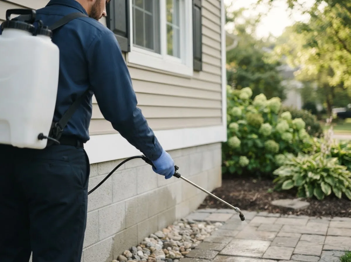Pest control technician inspecting a home in East Vandergrift, PA